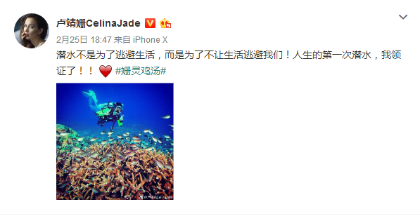 卢靖姗晒美照承认领证？网友：大概是领了潜水证吧！