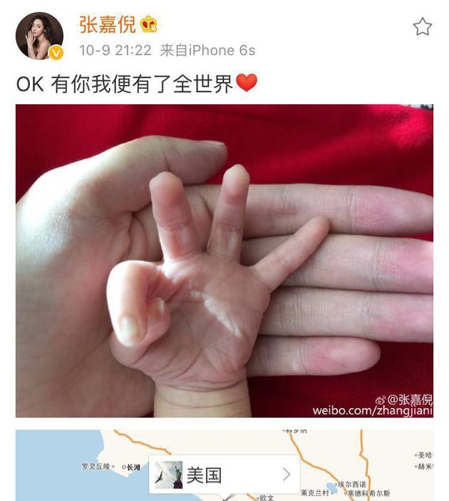 张嘉倪晒儿子小手
