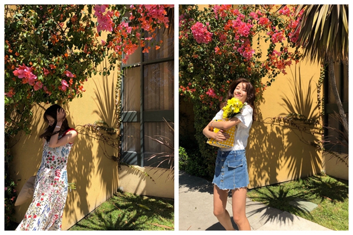 张子萱手捧鲜花阳光下自拍清新似少女